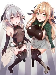 Rule 34 | 2girls, armor, belt, blonde hair, boots, breasts, elf, flat chest, gem, gradient background, green eyes, headband, headpiece, hiruno, jewelry, large breasts, miniskirt, multiple girls, navel, open mouth, original, pantyhose, pointy ears, ponytail, red eyes, skirt, thighhighs, thighhighs under boots, white hair