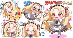 Rule 34 | &gt; &lt;, 1girl, :t, ^^^, absurdres, black neckwear, blonde hair, blush, bowl, brooch, brown footwear, chibi, closed eyes, closed mouth, collared shirt, commentary request, dress, earrings, eating, ereshkigal (fate), fate/grand order, fate (series), food, grey dress, hair ribbon, hand on own cheek, hand on own face, heart, highres, holding, holding bowl, holding tray, infinity symbol, jako (jakoo21), jewelry, long hair, mixing bowl, multiple views, notice lines, open mouth, pancake, plaid, plaid dress, plate, puffy short sleeves, puffy sleeves, red ribbon, ribbon, shirt, short sleeves, sleeping, sleeveless, sleeveless dress, sparkle, spatula, standing, standing on one leg, thighhighs, tiara, translation request, tray, two side up, very long hair, wavy mouth, white background, white shirt, white thighhighs, zzz