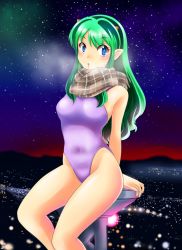 Rule 34 | 1girl, absurdres, blue eyes, breath, brown scarf, cityscape, commentary request, competition swimsuit, covered navel, cowboy shot, eyeshadow, green hair, highres, horns, lavender swimsuit, long hair, lum, makeup, nanao futaba, night, night sky, one-piece swimsuit, plaid, plaid scarf, pointy ears, purple one-piece swimsuit, scarf, sitting, sky, solo, star (sky), starry sky, stool, swimsuit, urusei yatsura