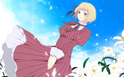 Rule 34 | 00s, 1girl, axis powers hetalia, bad id, bad pixiv id, blonde hair, blue eyes, blush, cloud, day, dress, easter lily, female focus, flat chest, flower, hair ribbon, harano, liechtenstein (hetalia), lily (flower), lingerie, outdoors, petals, petticoat, ribbon, short hair, sky, smile, solo, striped, trumpet lily, underwear, wallpaper, white flower