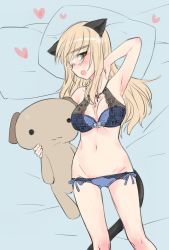 Rule 34 | 1girl, alternate breast size, animal ears, aohashi ame, arm behind head, bed, blue bra, blue panties, blush, bow, bow bra, bra, breasts, cat ears, cat tail, commentary request, from above, glasses, heart, holding, holding stuffed toy, lace, lace-trimmed bra, lace bra, lace trim, large breasts, long hair, looking away, lowleg, lowleg panties, lying, on back, open mouth, panties, perrine h. clostermann, pillow, side-tie panties, solo, strike witches, stuffed animal, stuffed toy, tail, teddy bear, underwear, underwear only, world witches series