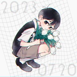 Rule 34 | 1boy, 2023, antenna hair, black footwear, black hair, black vest, bouquet, brown shorts, child, chromatic aberration, collared shirt, commentary, dated, empty eyes, expressionless, flower, from side, full body, hair between eyes, holding, holding bouquet, kneehighs, leaf, leaning forward, loafers, looking at viewer, male focus, mitsubachi koucha, no pupils, omori, shirt, shoes, short hair, shorts, signature, simple background, socks, solo, squatting, sunny (omori), symbol-only commentary, tulip, twitter username, vest, white background, white flower, white shirt, white socks, white tulip