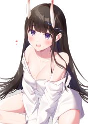 Rule 34 | 1girl, azur lane, bare shoulders, breasts, brown hair, cleavage, hair ornament, hairclip, heart, highres, horns, looking at viewer, medium breasts, nagura shiro, noshiro (azur lane), noshiro (cozy enclave) (azur lane), official alternate costume, oni horns, open mouth, partially unbuttoned, purple eyes, shirt, simple background, sitting, solo, white background, white shirt