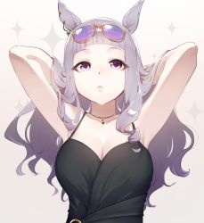 Rule 34 | 1girl, absurdres, adjusting hair, animal ears, armpits, arms up, bare shoulders, black one-piece swimsuit, blunt bangs, breasts, casual one-piece swimsuit, earrings, eyewear on head, gold ship (run revolt launcher) (umamusume), gold ship (umamusume), hendin, highres, horse ears, horse girl, jewelry, looking at viewer, official alternate costume, one-piece swimsuit, open mouth, purple eyes, purple hair, solo, sunglasses, swimsuit, umamusume, upper body