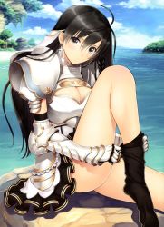Rule 34 | 1girl, absurdres, armor, black hair, black thighhighs, breastplate, breasts, cleavage, cliff, cloud, cross, day, earrings, gauntlets, highres, jewelry, large breasts, long hair, long legs, looking at viewer, parted lips, pauldrons, scan, shining (series), shining resonance, shoulder armor, sitting, skirt, sky, solo, sonia blanche, thighhighs, tony taka, water