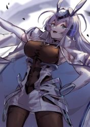 Rule 34 | 1girl, azur lane, blue eyes, blue hair, bodystocking, breasts, coat, coat on shoulders, gloves, headgear, high collar, large breasts, long hair, looking at viewer, moji (mojimozis), new jersey (azur lane), open clothes, open coat, open mouth, outstretched arm, solo, very long hair, white coat, white gloves