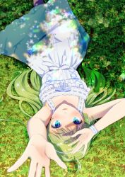 Rule 34 | 1girl, ahoge, aqua eyes, bare arms, blue bow, blue bowtie, blunt bangs, bow, bowtie, commentary request, cowboy shot, cross-laced clothes, cross-laced dress, dappled sunlight, dress, eyelashes, field, grass, green hair, hairband, hand on own head, highres, idolmaster, idolmaster million live!, lace, lace-trimmed dress, lace-trimmed wrist cuffs, lace trim, lens flare, light blush, long hair, looking at viewer, outdoors, parted lips, pink lips, reaching, reaching towards viewer, ribbon-trimmed dress, ribbon-trimmed wrist cuffs, shade, shimabara elena, short dress, sleeveless, sleeveless dress, solo, sunlight, upside-down, wavy hair, white dress, white hairband, white wrist cuffs, witoi (roa), wrist cuffs