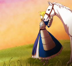 Rule 34 | 1girl, afjc, ahoge, armor, armored dress, artoria pendragon (fate), bad id, bad pixiv id, blonde hair, dress, fate/stay night, fate (series), faulds, field, gauntlets, hair ribbon, horse, ribbon, saber (fate), solo, sunset