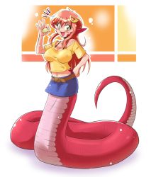 Rule 34 | 1990s (style), 1girl, bichosan, breasts, egg, fang, highres, lamia, large breasts, long hair, miia (monster musume), monster girl, monster musume no iru nichijou, pointy ears, red hair, retro artstyle, scales, slit pupils, solo