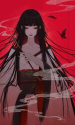 Rule 34 | 1girl, black butterfly, black hair, blunt bangs, bug, butterfly, collarbone, half-closed eyes, highres, holding, holding smoking pipe, ichihara yuuko, insect, japanese clothes, kimono, kiseru, long hair, looking at viewer, nery, obi, obijime, red background, red eyes, red lips, sash, smile, smoke, smoke trail, smoking pipe, solo, straight-on, straight hair, upper body, very long hair, white kimono, xxxholic