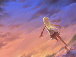 Rule 34 | 1girl, barefoot, blonde hair, dress, feet, from behind, legs, long hair, original, outdoors, outstretched arms, shihira tatsuya, skirt, sky, soles, solo, spread arms, sunset, water, white skirt