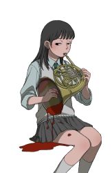 Rule 34 | 1girl, black eyes, blood, collared shirt, french horn, grey hair, half-closed eyes, holding, holding instrument, instrument, long hair, looking down, music, necktie, original, playing instrument, pleated skirt, school uniform, shirt, shokugyo, sitting, skirt, spill, sweater vest