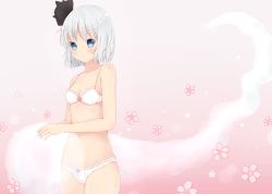 1girl bad_id bad_pixiv_id bare_shoulders blue_eyes blush bow bra cherry_blossoms female_focus flower gradient_background hair_bow hair_ornament hitodama konpaku_youmu konpaku_youmu_(ghost) lingerie navel panties pink_background schnee short_hair silver_hair simple_background smile solo stomach touhou underwear underwear_only