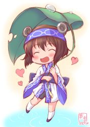 Rule 34 | 10s, 1girl, 2016, :d, ^ ^, ainu clothes, alternate costume, artist name, black shorts, blush, brown hair, bubble, chibi, closed eyes, commentary request, dated, eyebrows, full body, hairband, heart, highres, japanese clothes, kanon (kurogane knights), kantai collection, kneehighs, leaf umbrella, leg up, long sleeves, open mouth, short hair, shorts, simple background, smile, socks, solo, standing, standing on one leg, water, white socks, wide sleeves, yellow background, yukikaze (kancolle)