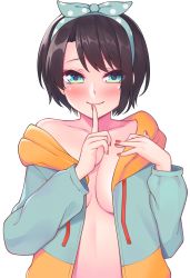 Rule 34 | 1girl, absurdres, aqua eyes, blush, breasts, brown hair, closed mouth, collarbone, commentary, finger to mouth, hairband, highres, hololive, ishiusu, jacket, long sleeves, looking at viewer, medium breasts, nail polish, naked jacket, off shoulder, oozora subaru, oozora subaru (hololive summer 2019), open clothes, open jacket, red nails, short hair, sidelocks, simple background, smile, solo, stomach, swept bangs, virtual youtuber, white background