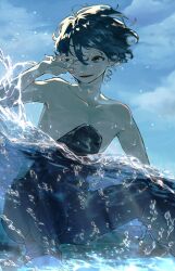 Rule 34 | 1boy, absurdres, barefoot, blue eyes, blue hair, blue sky, blue theme, cloud, cloudy sky, hair between eyes, highres, looking to the side, male focus, ocean, omutarou, one eye closed, original, pants, partially submerged, sea spray, short hair, sitting, sky, smile, solo, topless, topless male, water, wet, wet hair