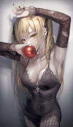 Rule 34 | 1girl, absurdres, aibek, amane misa, apple, arm up, armpits, black dress, black nails, blonde hair, breasts, cleavage, collarbone, covered navel, cross, cross earrings, death note, dress, earrings, fishnet pantyhose, fishnets, food, fruit, gradient background, grey background, hair ornament, highres, holding, holding food, holding fruit, jewelry, large breasts, long hair, looking at viewer, nail polish, pantyhose, simple background, solo, yellow eyes