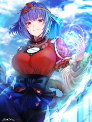 Rule 34 | 1girl, black skirt, blue sky, breasts, closed mouth, cloud, commentary request, hair ornament, high-waist skirt, highres, large breasts, leaf hair ornament, looking at viewer, mirror, mitama mudimudi, outdoors, purple hair, red eyes, red shirt, shirt, short hair, signature, skirt, sky, smile, solo, touhou, yasaka kanako