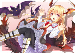 Rule 34 | 10s, 1girl, :d, bat (animal), black pantyhose, blonde hair, claw pose, fang, granblue fantasy, head wings, highres, long hair, looking at viewer, md5 mismatch, mirea, open mouth, pantyhose, pointy ears, red eyes, renka (llawliet39), resolution mismatch, shingeki no bahamut, smile, solo, source smaller, tail, vampire, vampy, wings