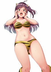 Rule 34 | 1girl, ahoge, animal print, blush, breasts, brown eyes, collarbone, feet out of frame, fingernails, hagikaze (kancolle), highres, horns, kamelie, kantai collection, long hair, medium breasts, navel, one side up, oni horns, open mouth, purple hair, simple background, solo, tiger print, white background