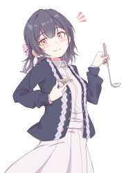 Rule 34 | 1girl, absurdres, alternate hairstyle, black hair, black jacket, blush, bow, closed mouth, dot nose, dress, eitopondo, from side, hair between eyes, hair bow, hair ribbon, hands up, highres, holding, holding ladle, holding saucer, idolmaster, idolmaster shiny colors, jacket, ladle, long sleeves, looking at viewer, morino rinze, open clothes, open jacket, pink ribbon, red eyes, ribbon, saucer, short hair, simple background, smile, solo, white background, white dress