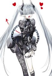 Rule 34 | 1girl, :d, arknights, ascot, asymmetrical legwear, black ascot, black dress, black nails, black pantyhose, black socks, breasts, chain, chained, chained sarkaz girl, cuffs, demon girl, demon horns, demon tail, dress, earrings, feet out of frame, grey hair, hair over eyes, heart, highres, horns, iwashi 80, jewelry, leaning forward, long hair, long sleeves, looking at viewer, medium breasts, nail polish, open mouth, pantyhose, pointy ears, red eyes, shackles, simple background, single leg pantyhose, smile, socks, solo, standing, stud earrings, tail, thigh strap, twintails, v arms, very long hair, white background