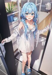 Rule 34 | 1girl, absurdres, arahashi tabi, blue eyes, blue footwear, blue hair, blush, breasts, commentary, doorway, double-parted bangs, from above, hair intakes, highres, indoors, light blue hair, long hair, long sleeves, looking at viewer, looking up, medium breasts, nightgown, off shoulder, open mouth, opening door, plant, potted plant, pov, shirt, sleeves past wrists, slippers, solo, stellive, symbol-only commentary, toes, twintails, virtual youtuber, white nightgown, white shirt, ye jji