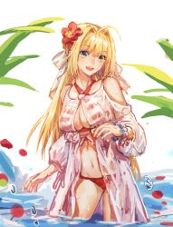 Rule 34 | absurdres, ahoge, bead bracelet, beads, bikini, blonde hair, bracelet, criss-cross halter, earrings, fate/grand order, fate (series), flower, green eyes, hair flower, hair intakes, hair ornament, halterneck, highres, jewelry, long hair, mento, navel, nero claudius (fate), nero claudius (fate) (all), nero claudius (swimsuit caster) (fate), nero claudius (swimsuit caster) (third ascension) (fate), open mouth, palm tree, partially submerged, petals, red bikini, rose petals, side-tie bikini bottom, smile, solo, striped bikini, striped clothes, swimsuit, tree, water