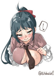 Rule 34 | ..., 1girl, black hair, blush, bow, breasts, brown necktie, closed mouth, convenient censoring, covered erect nipples, ebifurya, hair bow, highres, irako (kancolle), kantai collection, large breasts, long hair, long sleeves, looking at viewer, necktie, no bra, one breast out, ponytail, red bow, simple background, solo, spoken ellipsis, sweat, tears, twitter username, upper body, white background, yellow eyes
