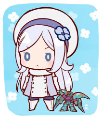 Rule 34 | &gt;:&lt;, 10s, 1girl, :&lt;, aila jyrkiainen, beret, blue eyes, blush, boots, chibi, closed mouth, dress, elbow gloves, flower, frown, fur trim, gloves, gundam, gundam build fighters, holding hands, hat, hat flower, long hair, lowres, pantyhose, qubeley papillon, robot, signature, silver hair, thigh boots, thighhighs, v-shaped eyebrows, white gloves, yamada ichizoku