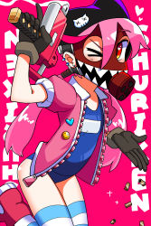 Rule 34 | &gt; o, 1girl, ;d, absurdres, animal hat, beanie, blue one-piece swimsuit, boots, brown gloves, cat hat, commentary request, english text, gas mask, gloves, gun, hair between eyes, hat, heart, heart in mouth, highres, holding, holding gun, holding weapon, jacket, korean commentary, lakilolom, long hair, looking at viewer, low ponytail, mask, old school swimsuit, one-piece swimsuit, one eye closed, open clothes, open jacket, open mouth, original, pink background, pink hair, pink jacket, purple hat, red eyes, red footwear, school swimsuit, shell casing, short sleeves, simple background, smile, solo, standing, standing on one leg, striped clothes, striped thighhighs, swimsuit, swimsuit under clothes, text background, thighhighs, very long hair, weapon, weapon request, x x