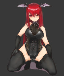 Rule 34 | 1girl, arm at side, bare shoulders, black gloves, black thighhighs, closed mouth, corset, crotch seam, demon girl, demon wings, full body, gloves, hair between eyes, halterneck, hand on own thigh, head wings, highres, kneeling, koakuma, long hair, looking at viewer, matinmorgen, no nose, red eyes, red hair, smile, solo, spread legs, thighhighs, touhou, wings