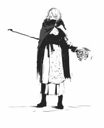 Rule 34 | 1girl, absurdres, boots, cloak, commentary request, facial mark, full body, greyscale, highres, holding, holding staff, looking at viewer, monochrome, nicporim, original, simple background, solo, staff, standing, white background