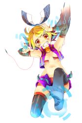 Rule 34 | 1girl, alternate costume, armpits, breasts, cleavage, feet, foot focus, grin, highres, jacket, kagamine rin, open clothes, open jacket, ribbon, rojiko, shorts, simple background, smile, solo, thighhighs, underboob, vocaloid