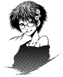 Rule 34 | 1girl, flower, freckles, fugetac, glasses, greyscale, grin, hair flower, hair ornament, jewelry, monochrome, mouth hold, necklace, off shoulder, original, screentones, smile, solo