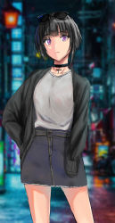 Rule 34 | 1girl, black cardigan, black choker, black hair, blue skirt, cardigan, choker, city, closed mouth, commentary, cowboy shot, cross, cross necklace, expressionless, eyewear on head, grey shirt, hand on own hip, haruto (nyannzou789), highres, idolmaster, idolmaster cinderella girls, idolmaster cinderella girls starlight stage, jewelry, looking at viewer, miniskirt, necklace, purple eyes, shirayuki chiyo, shirt, short hair, sidelocks, skirt, sleeves past fingers, sleeves past wrists, solo, sunglasses