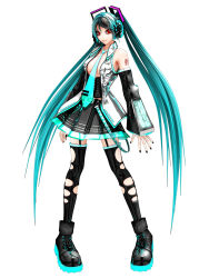Rule 34 | 1girl, aqua hair, belt, boots, breasts, calne ca (deino), cleavage, corset, cosplay, deino (deino3330), detached sleeves, full body, hatsune miku, hatsune miku (cosplay), highres, long hair, necktie, red eyes, solo, tattoo, thighhighs, torn clothes, torn thighhighs, twintails, vest, vocaloid, white background
