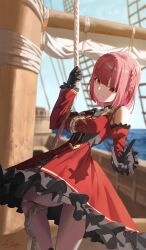 Rule 34 | 1girl, black gloves, braid, breasts, closed mouth, detached sleeves, dress, gloves, heterochromia, highres, hololive, houshou marine, houshou marine (gothic lolita), large breasts, looking at viewer, m.q (mqkyrie), medium hair, ocean, pirate ship, red dress, red eyes, red hair, red sleeves, ship, short dress, single braid, sleeveless, sleeveless dress, smile, solo, virtual youtuber, water, watercraft, yellow eyes