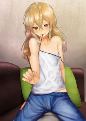 Rule 34 | 10s, 1girl, alternate hairstyle, bad id, bad pixiv id, bare shoulders, barefoot, blonde hair, blush, brown eyes, camisole, casual, couch, flat chest, food, food in mouth, girl on top, giving, hair between eyes, hair down, head out of frame, holding, indoors, inuzuka bouru, koujiro frau, long hair, looking at viewer, messy hair, midriff, mouth hold, no bra, orange eyes, outstretched arm, pants, pillow, pocky, pov, religious offering, robotics;notes, seiza, sitting, smile, solo, spread legs, straddling, strap slip