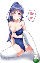Rule 34 | 1girl, :o, bare shoulders, blue hair, blue one-piece swimsuit, blush, breasts, cleavage, clothes pull, collar tug, collarbone, commentary request, competition school swimsuit, heart, highleg, highleg swimsuit, highres, large breasts, long hair, long sleeves, love live!, love live! sunshine!!, matsuura kanan, one-piece swimsuit, one-piece swimsuit pull, ponytail, puffy long sleeves, puffy sleeves, purple eyes, school swimsuit, shoes, sitting, solo, spoken heart, strap slip, swimsuit, thighhighs, uwabaki, white background, white thighhighs, yopparai oni