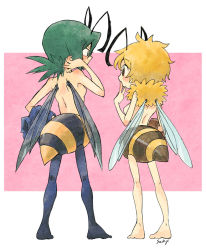 Rule 34 | 2girls, antennae, barefoot, bee girl, blonde hair, breasts, female focus, from behind, green hair, arthropod girl, insect wings, monster girl, multiple girls, nude, original, sachy (sachichy), small breasts, topless, wings