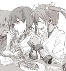 Rule 34 | 10s, 3girls, akagi (kancolle), bad id, bad twitter id, chopsticks, eating, fish, fish (food), food, japanese clothes, kaga (kancolle), kantai collection, monochrome, multiple girls, own hands together, ree (re-19), side ponytail, theft, twintails, zuikaku (kancolle)