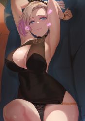 Rule 34 | 1girl, armpits, arms up, azur lane, black panties, blonde hair, blue eyes, bracelet, breasts, cleavage cutout, closed mouth, clothing cutout, cocktail dress, commentary, couch, covered navel, dress, ev (dai00888), fine fabric emphasis, forehead, gold necklace, gradient hair, hairband, heart, highres, jewelry, lace, lace panties, large breasts, lingerie, lipstick, looking at viewer, lying, makeup, multicolored hair, necklace, new orleans (azur lane), new orleans (evening agricole) (azur lane), on back, on couch, panties, pink hair, pink lips, smile, solo, swept bangs, underwear
