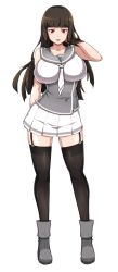Rule 34 | 1girl, arm behind head, black thighhighs, breasts, brown hair, curvy, female focus, garter straps, highres, hime cut, huge breasts, long hair, looking at viewer, miniskirt, original, red eyes, school uniform, shirt, shoes, simple background, skirt, solo, standing, thighhighs, white background, willyway