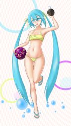 Rule 34 | 1girl, absurdly long hair, absurdres, aqua eyes, aqua hair, ball, bikini, breasts, checkered background, coconut, flat chest, full body, hatsune miku, highres, jymjymjym, long hair, navel, sandals, small breasts, solo, swimsuit, twintails, very long hair, vocaloid