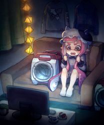 Rule 34 | 1girl, barefoot, bow, bowtie, couch, fangs, feet, female focus, hat, highres, inkling player character, kiitos, nintendo, open mouth, pink hair, pointy ears, sitting, sloshing machine (splatoon), solo, splatoon (series), splatoon 2, teeth, tentacle hair, toes, watching television