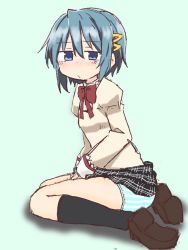 Rule 34 | 1girl, ass, between legs, black skirt, black socks, blue background, blue eyes, blue hair, blue panties, blush, bow, bowtie, breasts, brown footwear, closed mouth, clothes lift, embarrassed, female focus, from side, full body, hair ornament, hairclip, hand between legs, highres, juliet sleeves, kneehighs, long sleeves, looking at viewer, mahou shoujo madoka magica, miki sayaka, miniskirt, nose blush, panties, plaid, plaid skirt, pleated skirt, ponnu (tnpn2yw), puffy sleeves, red bow, red bowtie, school uniform, shirt, shoes, short hair, simple background, sitting, skirt, skirt lift, small breasts, socks, solo, striped clothes, striped panties, underwear, yellow shirt