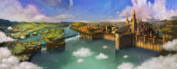Rule 34 | bird, blue sky, breasts, bridge, castle, city, cloud, commentary, day, english commentary, feathered wings, fence, field, forest, highres, horizon, house, in-universe location, large breasts, mountain, myungseop lee, nature, no humans, outdoors, path, ragnarok online, river, road, scenery, sky, statue, tower, tree, water, waterfall, wings