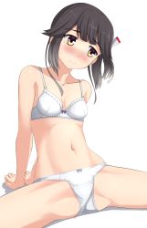 Rule 34 | 1girl, absurdres, ahoge, black hair, bow, bow bra, bow panties, bra, collarbone, commentary request, embarrassed, hair ribbon, hayanami (kancolle), head tilt, highres, kantai collection, navel, panties, ponytail, ribbon, short hair, sidelocks, simple background, sitting, solo, spread legs, takafumi, underwear, underwear only, white background, white bra, white panties, white ribbon, yellow eyes