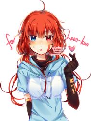 Rule 34 | 1girl, ahoge, artist name, black gloves, blue eyes, blush, breasts, elbow gloves, gloves, heart, heterochromia, long hair, looking at viewer, medium breasts, original, parted lips, red eyes, red hair, sketch, solo, twintails, upper body, xionfes